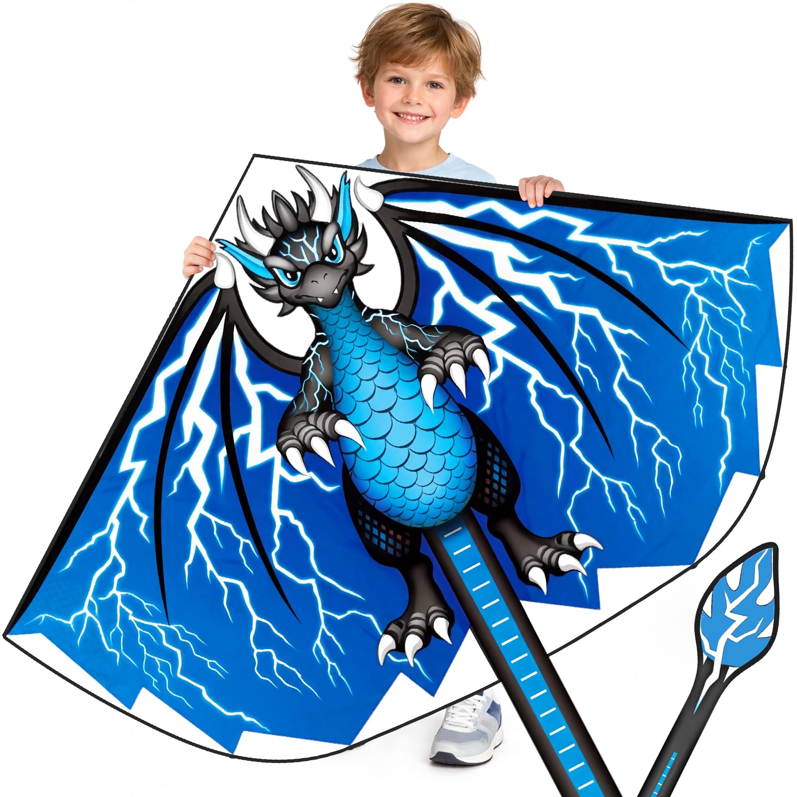 Vspek Large Blue Dinosaur Kite, Single Line Colorful Beginner Kite with Long Tail Winding Handle Line for Adults Kids, Beach Park Flying Activities Outdoor Games Birthday Gift — image 1
