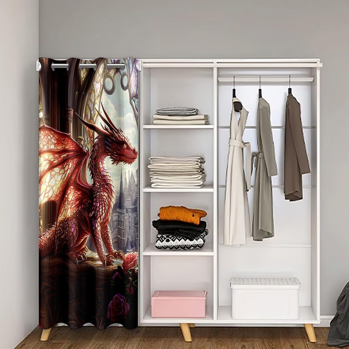 Glittering Dragon Door Curtain Western Princess Castle Doorway Curtain for Closet Door Romantic Pink Rose Darkening Blackout Curtain Vintage Stained Glass Door Drape for Hallway 42" W X 84" L