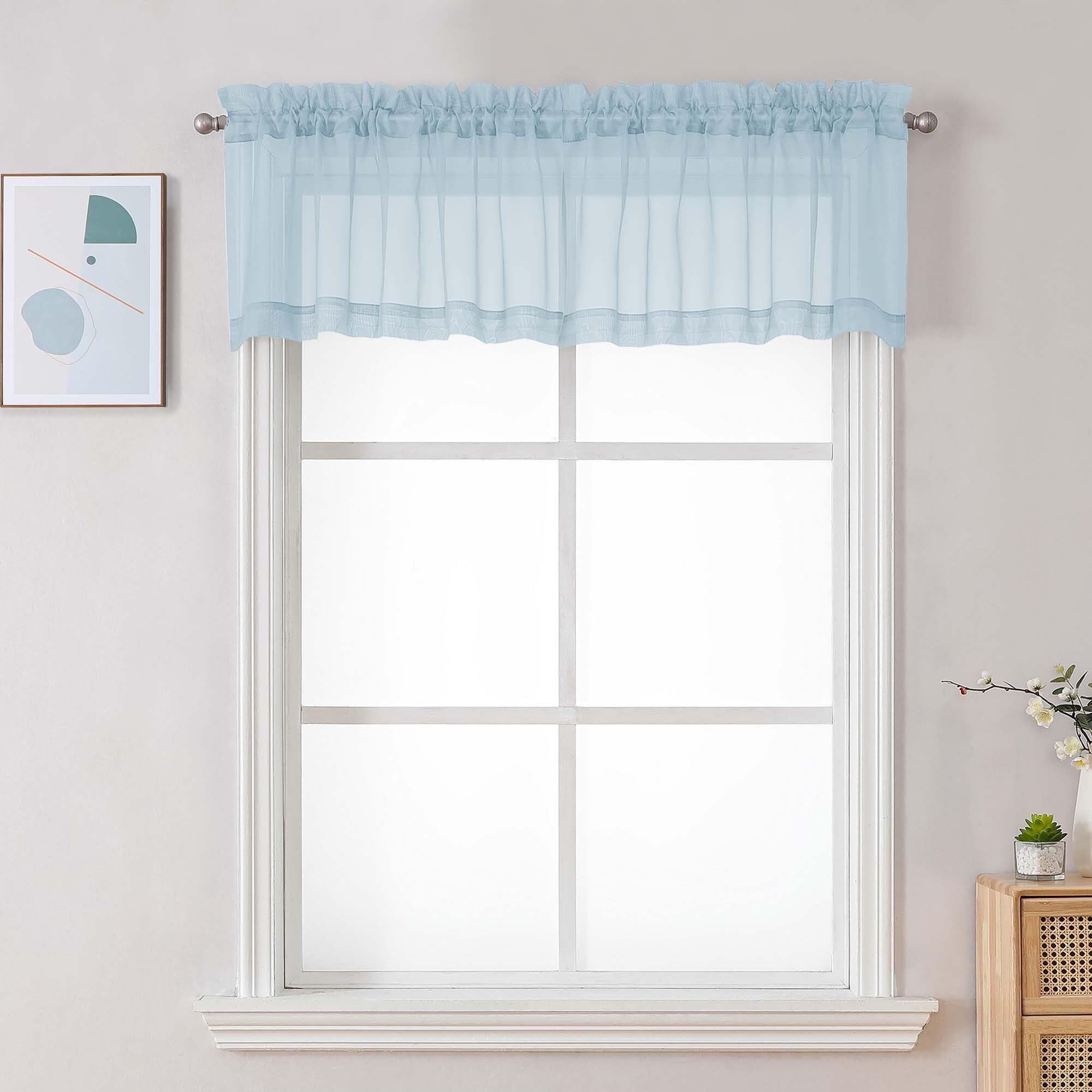 Chyhomenyc Sky Blue Sheer Valances for Windows - Light Filtering Small Kitchen Curtains, Rod Pocket Short Top Window Treatment Decor for Living Room Bathroom Basement, 42Wx16L inches, 2 Panels