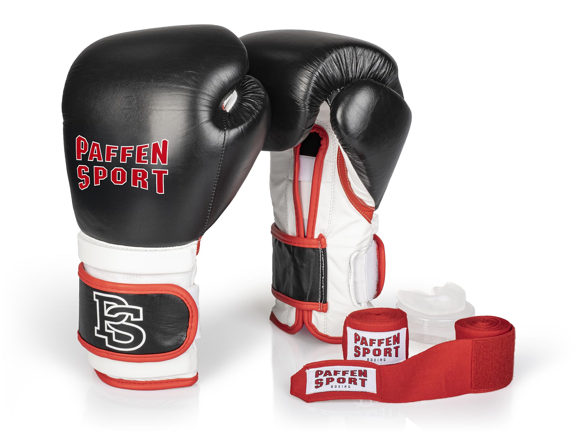 Paffen Sport «Pro» zestaw bokserski, «PRO Performance» rękawice bokserskie, czarne/białe/czerwone, 18 UZ; «Allround» bandaż czerwony, 3,5 m; «Allround» ochraniacz na zęby, przezroczysty, bez mięty