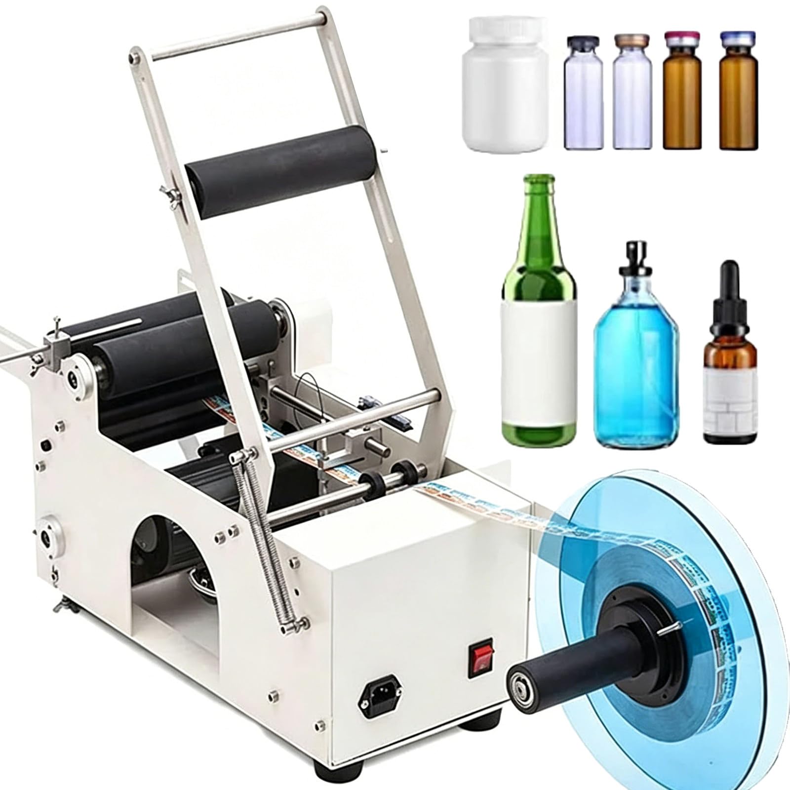 RoyceBee Manual Round Bottle Labeling Machine with Press Handle, Adjustable Bottle Labeler Label Applicator Machine Coding Machine Wine Bottle Sticker Labeler for Vial Light Small Bottles