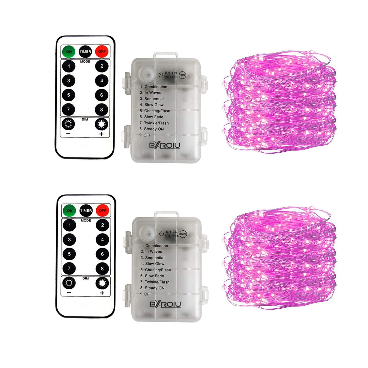 BXROIU 2 x50Leds Silbernedraht Micro Lichterkette Batteriebetrieb 8 Programm (Rosa)