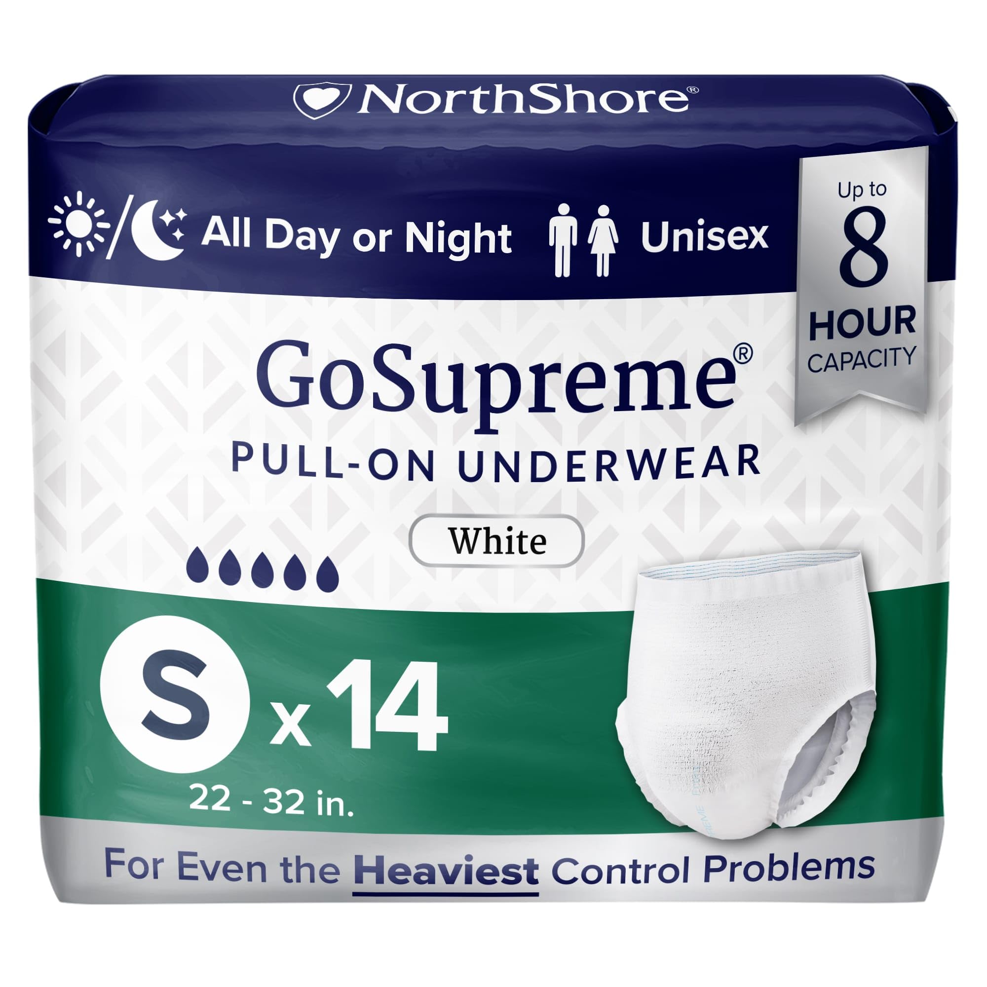 NorthShore GoSupreme Overnight Incontinence Underwear, 8-Hour Pullup Style, Small, 14 Count Bag, White, 22-32 inches, Unisex Adult Diapers