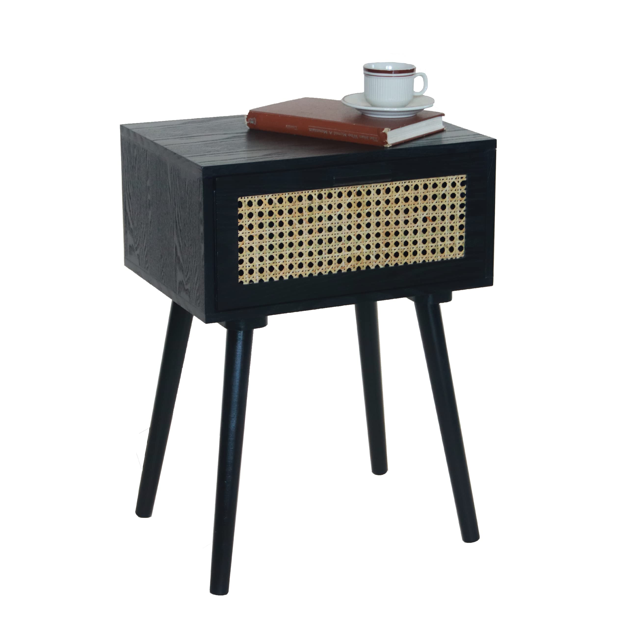 AWASEN Mid Century Nightstand with Drawer, Rattan Side Table for Living Room, Bedroom and Small Space, Solid Wood Legs & Natural Rattan Bedside Table, Easy Assembly (Black)