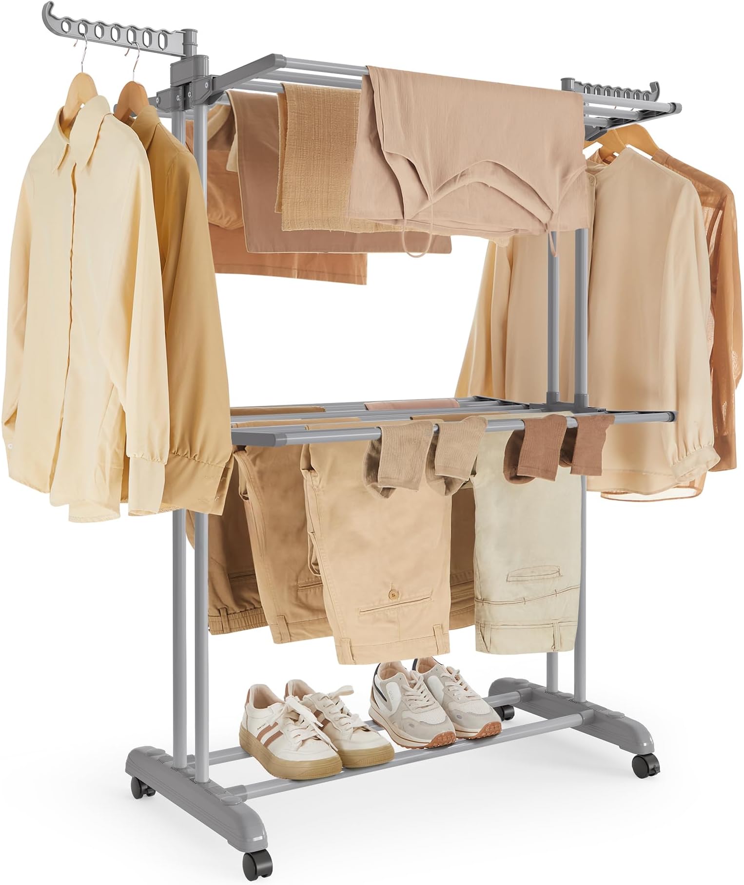 SONGMICS Large Clothes Airer, Foldable Clothes Drying Rack Laundry 3-Tier, Moveable Clothes Horse, 63.5 x 128 x 148 cm, Stainess Steel, Folding Wings, Indoor Outdoor Use, Dove Grey LLR702G01