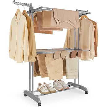 SONGMICS Large 3 Tier Folding Clothes Airer with Wheels