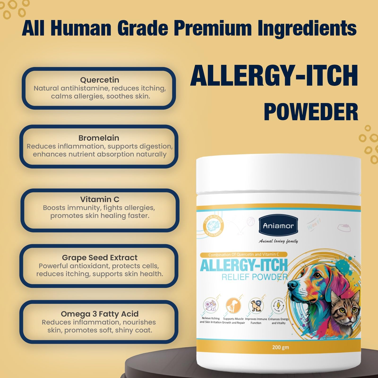 Aniamor Allergy- Itch Powder for Dogs and Cats | Omega 3 for Dogs | Helps Itching, Dry Skin, Hot Spots & Healthy Coat| Dog Supplement | All Life Stage |200gm Jar 2