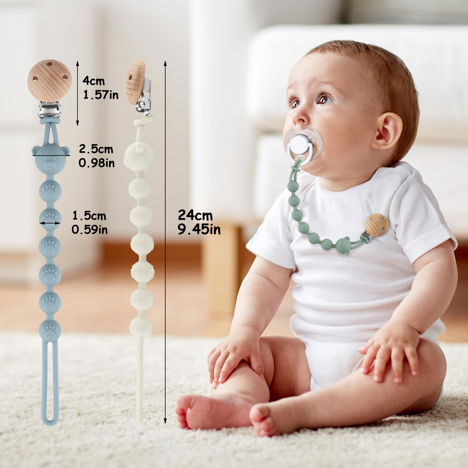 Juego de 3 cadenas para chupete de silicona, para niñas y niños, adecuada para bebé, mantiene el chupete limpio, suave, flexible, libre de BPA, duradera, alta resistencia, verde almendra, azul