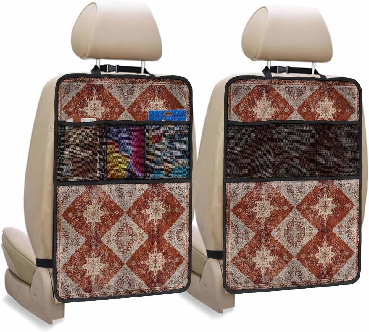 Car Seat Protector, 2 Pack Kick Mats with Organizer - 3 Pocket Storage, Medieval Turkish Patterns Vintage Mural Wallpaper Back Seat Cover for Kids Universal Fit Automotive Interior Protectors