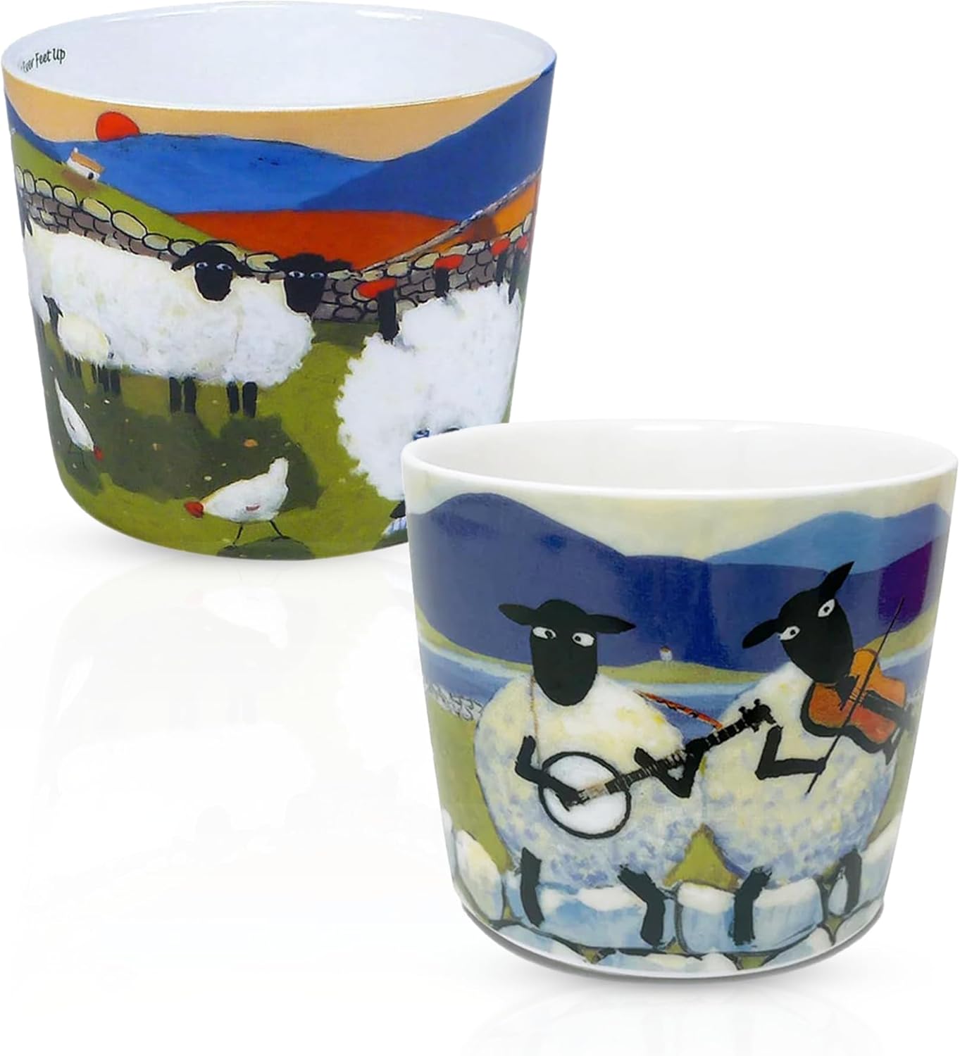 Thomas Joseph Set of 2 Coffee Mugs New Bone China 11 oz with Sheep and Farm Design Gift Box (Puffin/Raining Mug)