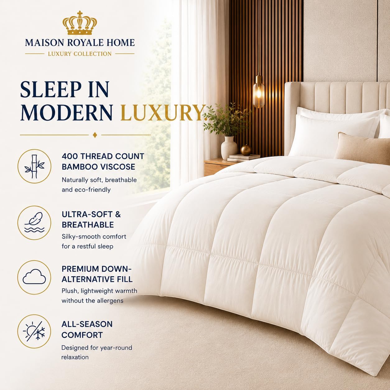 100% Bamboo Viscose Comforter, 400TC, Breathable Down Alternative, Soft Sateen Shell, All Season (White, King (U.S. Standard))