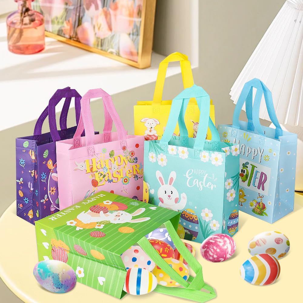Easter Gift Bags ,6pcs Easter Tote Bags with Handles,Happy Easter Gift Bags for Kids, Non-Woven Reusable Easter Goodie Bags,Egg Hunt Game Easter Holiday Party Supplies - Image 2