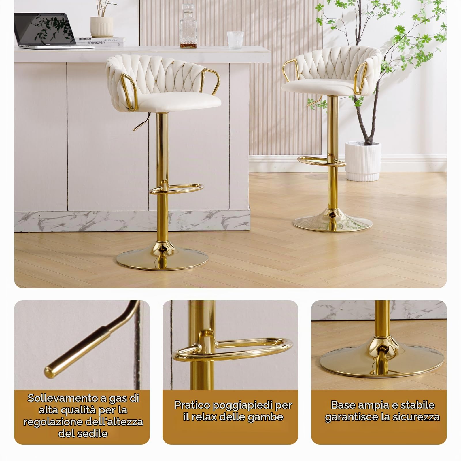 Set 2 Sgabelli da bar Velluto,Schienale intrecciato Bianco Crema