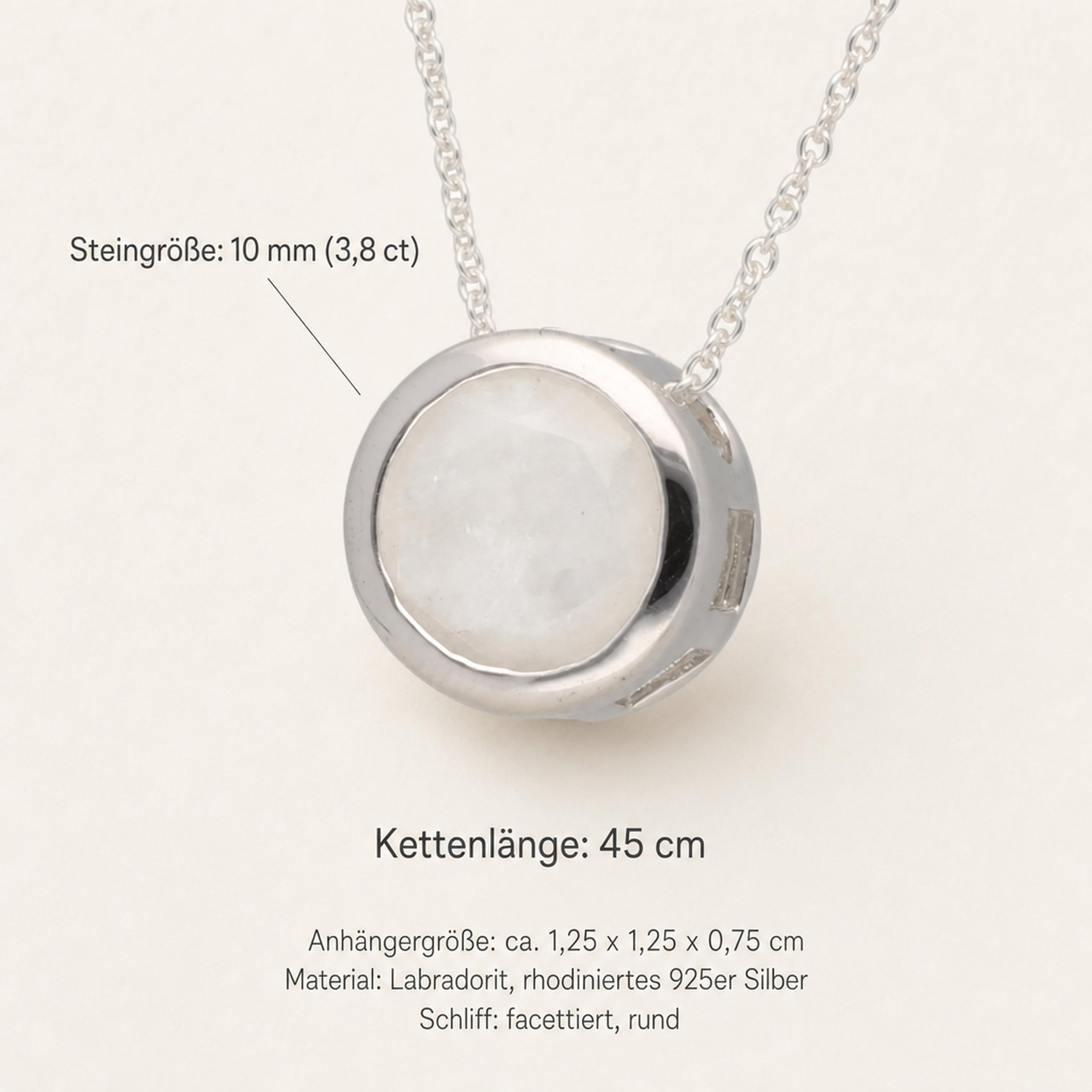 Regenbogen Mondstein Solitär Anhänger mit Kette 925 Silber rhodiniert 10 mm