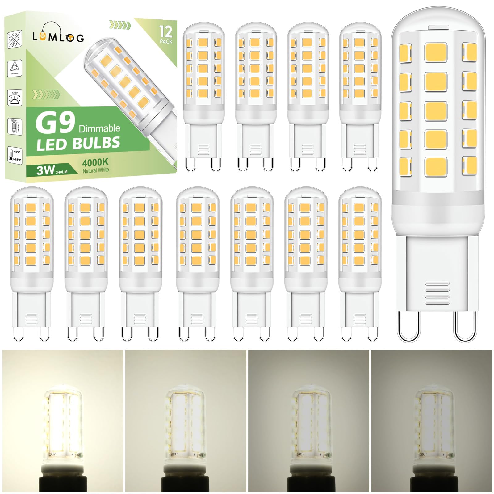 Lumlog G9 Led Bulbs Natural White, 3W Light Bulbs, Equivalent to 30-40W Halogen, 340Lm, 220-240V No Flicker Dimmable Energy Savingor Lighting Decor 12 Pack[Energy Class E]