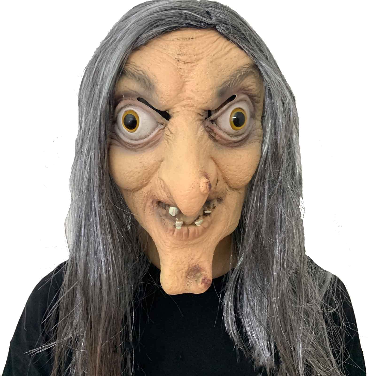 Yimianshou Witch Mask Halloween Horror Devil with Long Hair Evil Costume Latex Realistic Face Old Lady Man Creepy Cosplay Scary Mask for Adults
