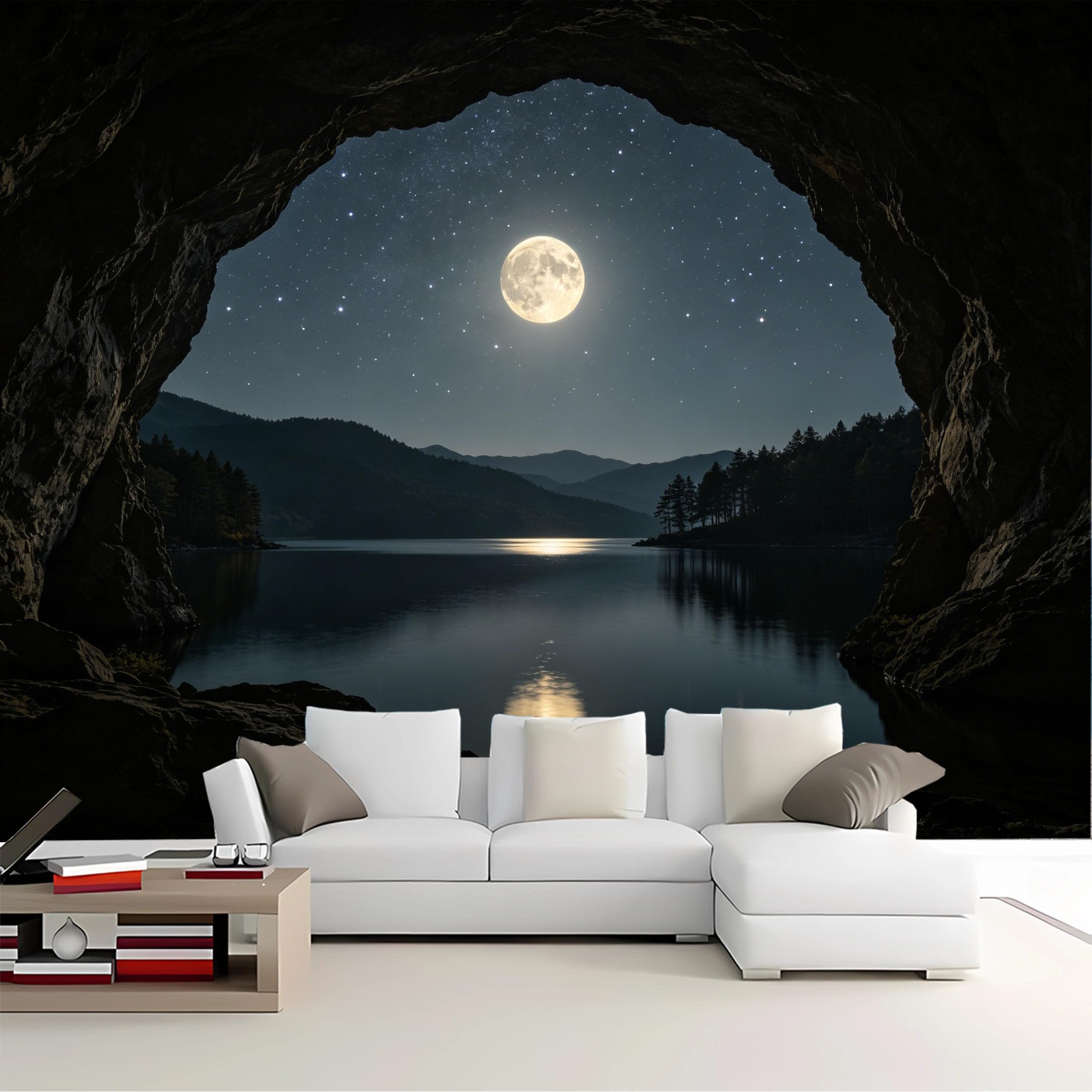 Custom Size Wall Mural Cave View Moonlight Lake Removable Self Adhesive Peel and Stick Wallpaper for Bedroom Living Room Dining Room
