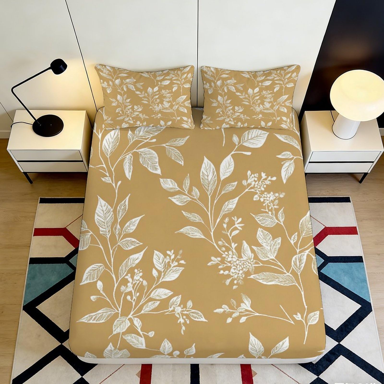 3D Printed Beige Leaf Pattern Fitted Sheet Microfiber Soft Durable White Branch Bed Cover for Bedroom Dormitory Guest Room Mattress Protection 140x200x25cm