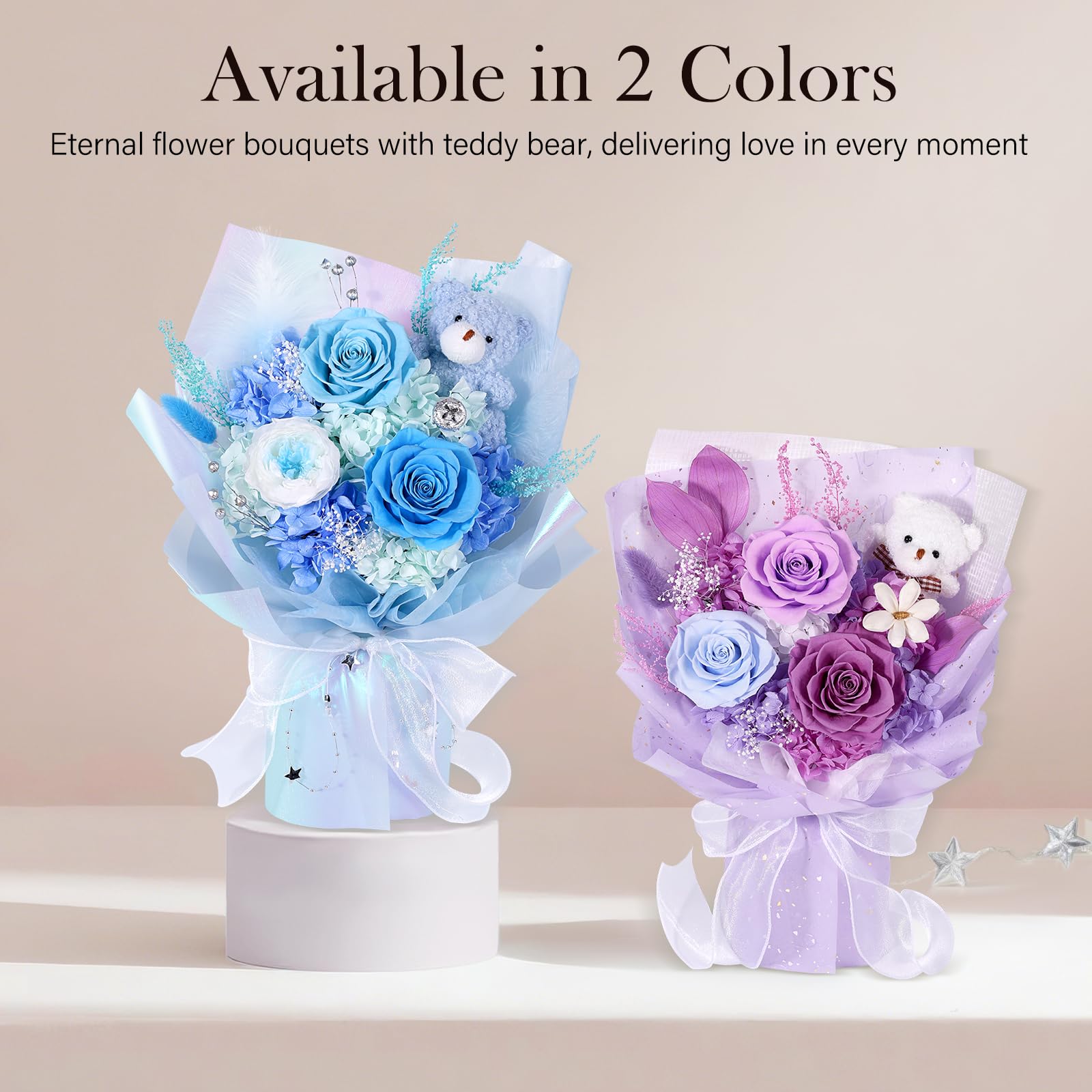 Bouquet di fiori stabilizzati con orsetto, 3 rose eterne vere, bouquet di rose blu a lunga durata, regalo per anniversario e compleanno, San Valentino per lei, per donna, ragazza, fidanzata