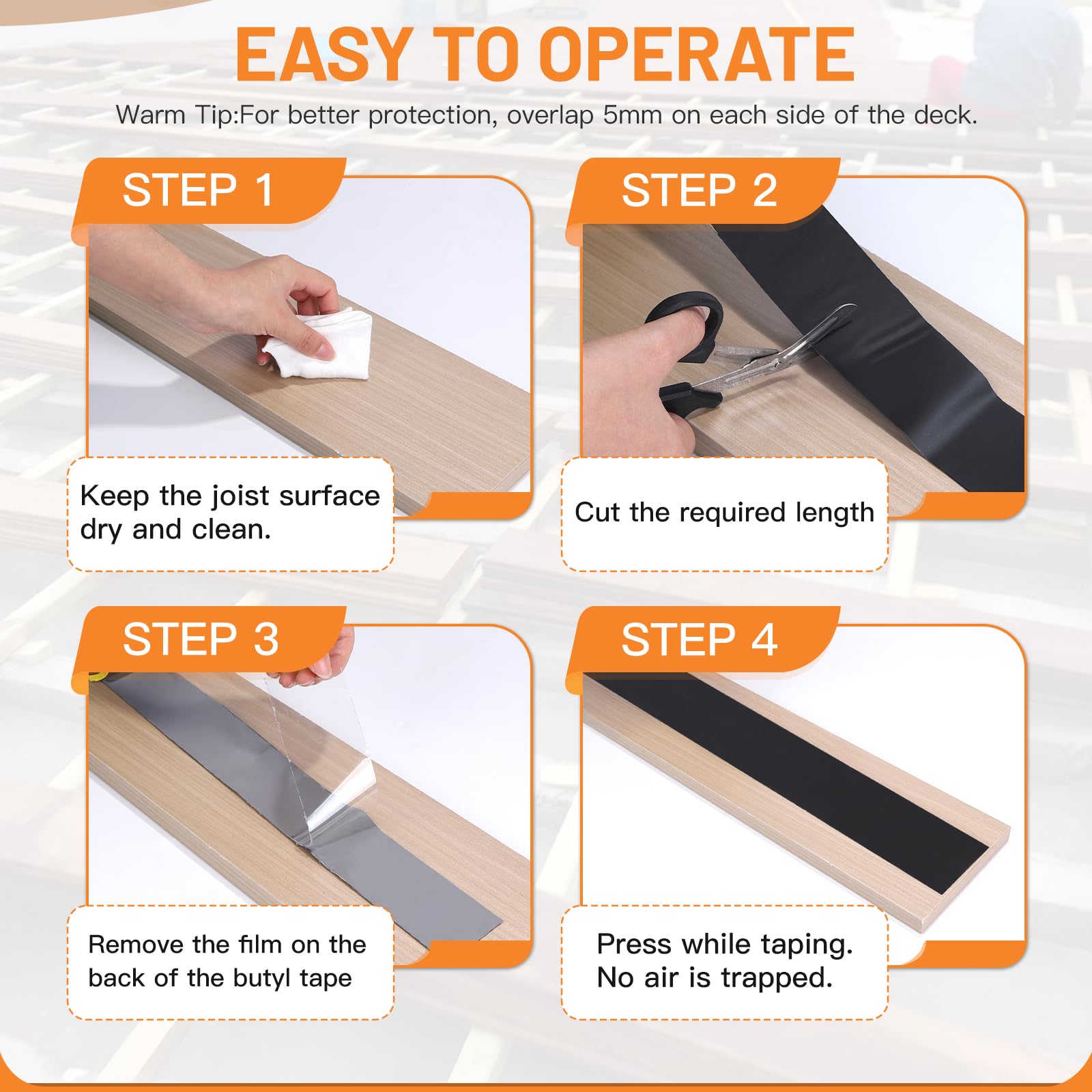DBREAKS Cinta de protección de madera para cubierta, Cinta butílica para viguetas de exterior, Cinta de reparación de butilo, impermeable y resistente a la corrosión(10 cm x 15 m)