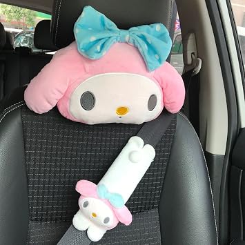 2pcs/Set Auto Car Plush Anime Neck Pillows Cute Headrest Seat Belt Covers Shoulder Pads, Pink