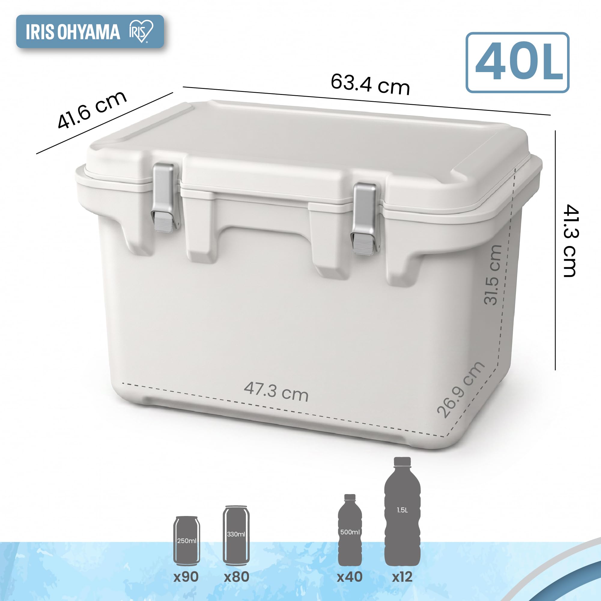 Iris Ohyama, Glacière Rigide 40L, Robuste & Performante avec Double Paroi, Joint Hermétique, Fermetures Métalliques, Sangle de Maintien, pour Camping, Plage, Blanc, ICB-11