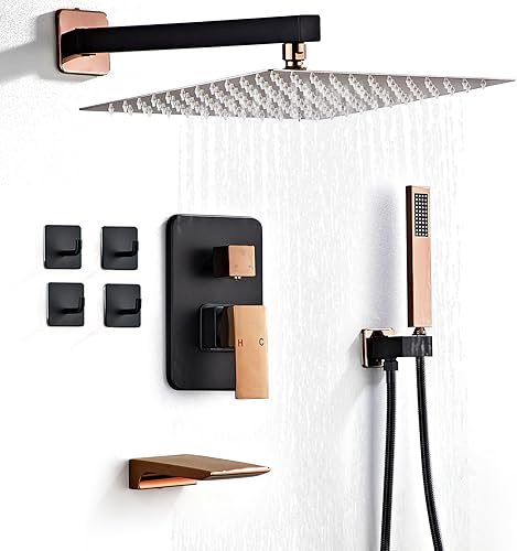 Vista 43 de Juego completo de grifo de ducha con sistema de ducha con boquilla de bañera, montado en la pared con cabezal de ducha de lluvia de 10 pulgadas