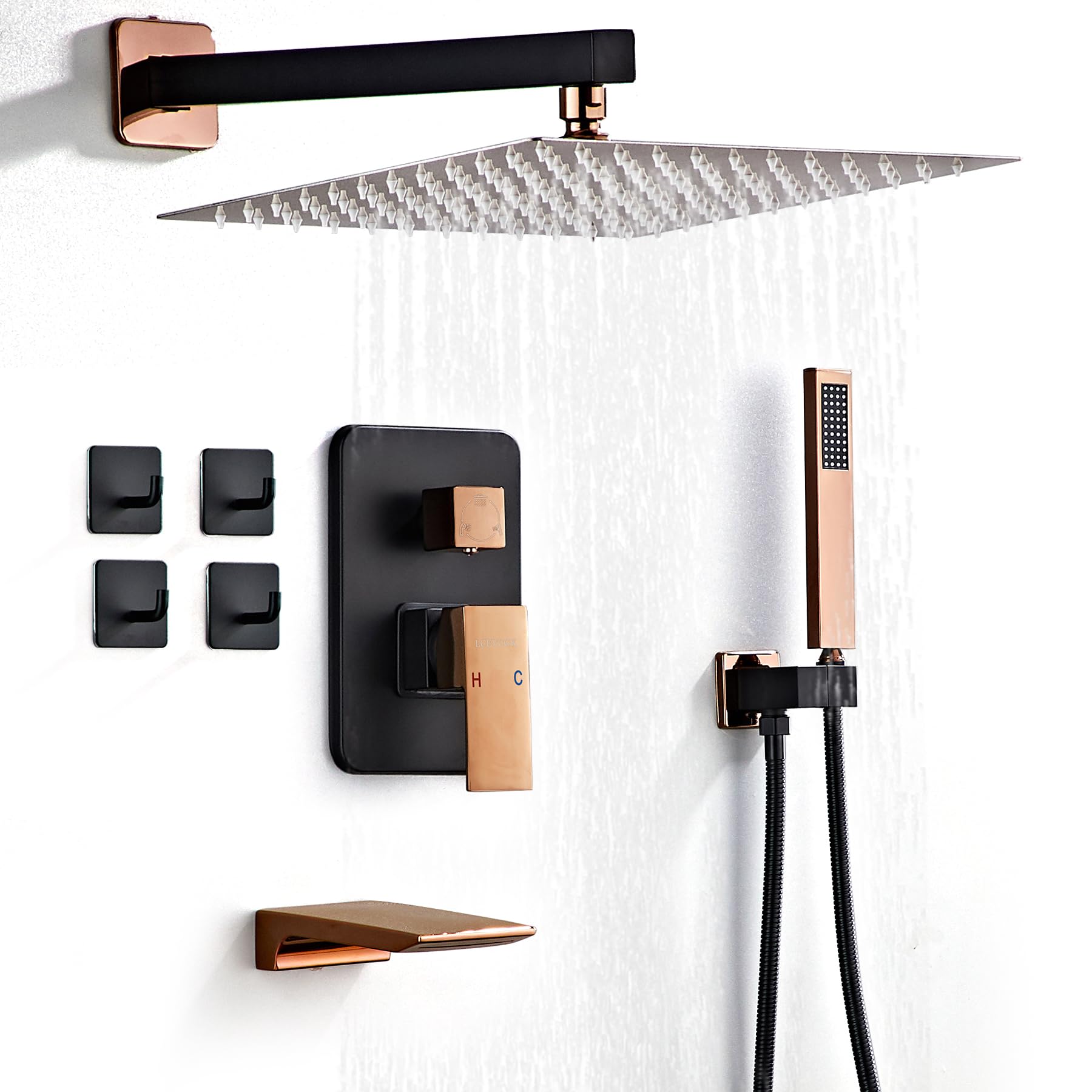 Shower Faucet Set Complete with Tub Spout Matte Black and Rose Gold Shower System with 10 inch Rainfall Shower Head and Handheld Shower Rain Shower Combo for Bathroom Wall Mounted