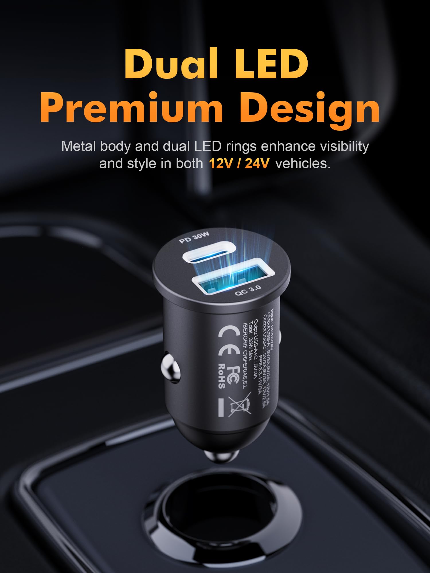 GRIFEMA Ładowarka samochodowa USB C 30 W, ładowarka samochodowa do telefonu komórkowego, podwójna zapalniczka z PD i QC 3.0, kompatybilna z iPhone 16 15 14 13, Samsung Galaxy, iPad, GPS, aluminium