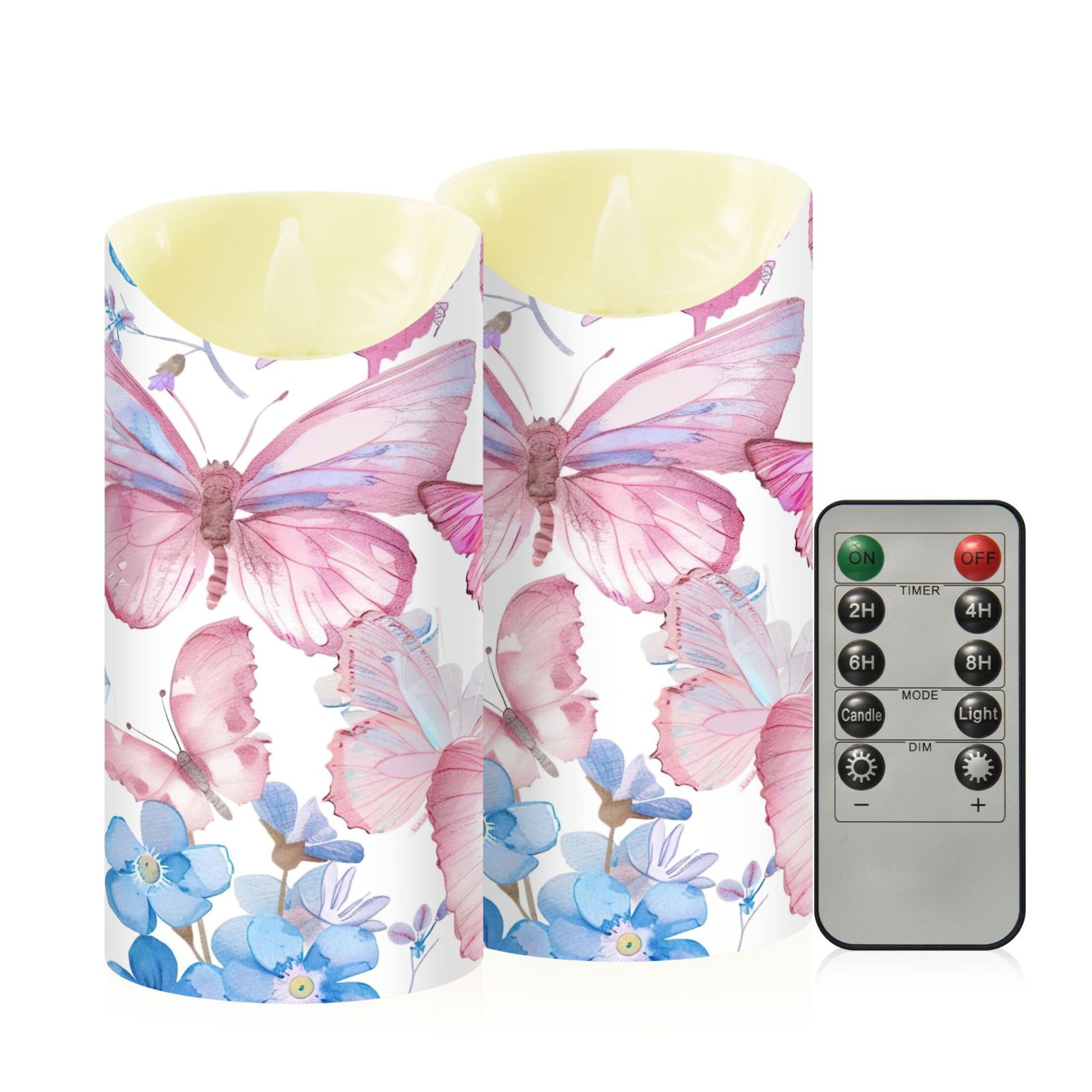 Kutsu Butterflies Flameless Candles Set of 2, Battery Operated LED Flickering Candles with Remote and Timer, Plastic Pillar Candles for Home Wedding Decor