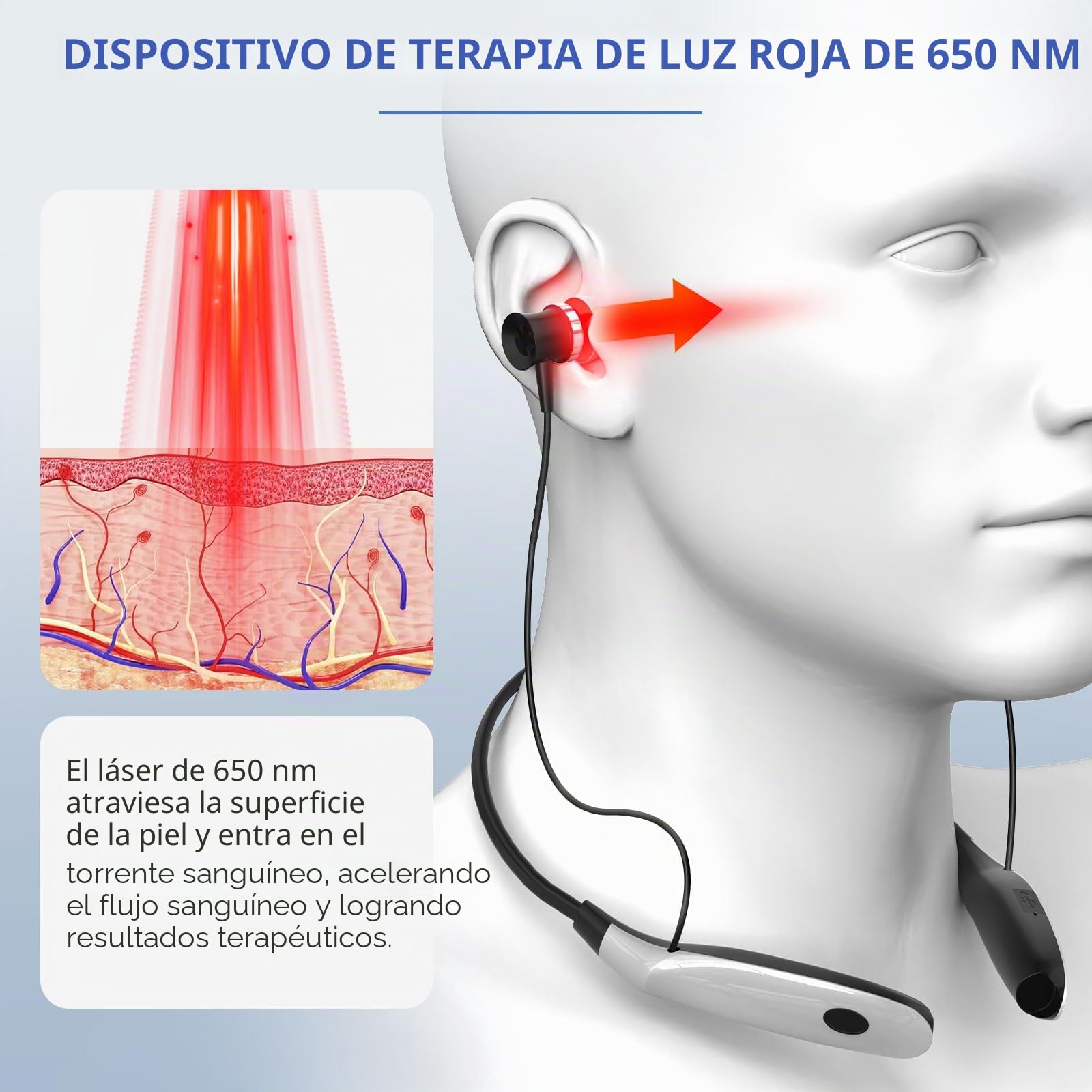 Terapia de luz roja para oídos, dispositivo de terapia de luz roja 2 en 1, dispositivo portátil de alivio de tinnitus de luz roja con tres pares de tapones para los oídos