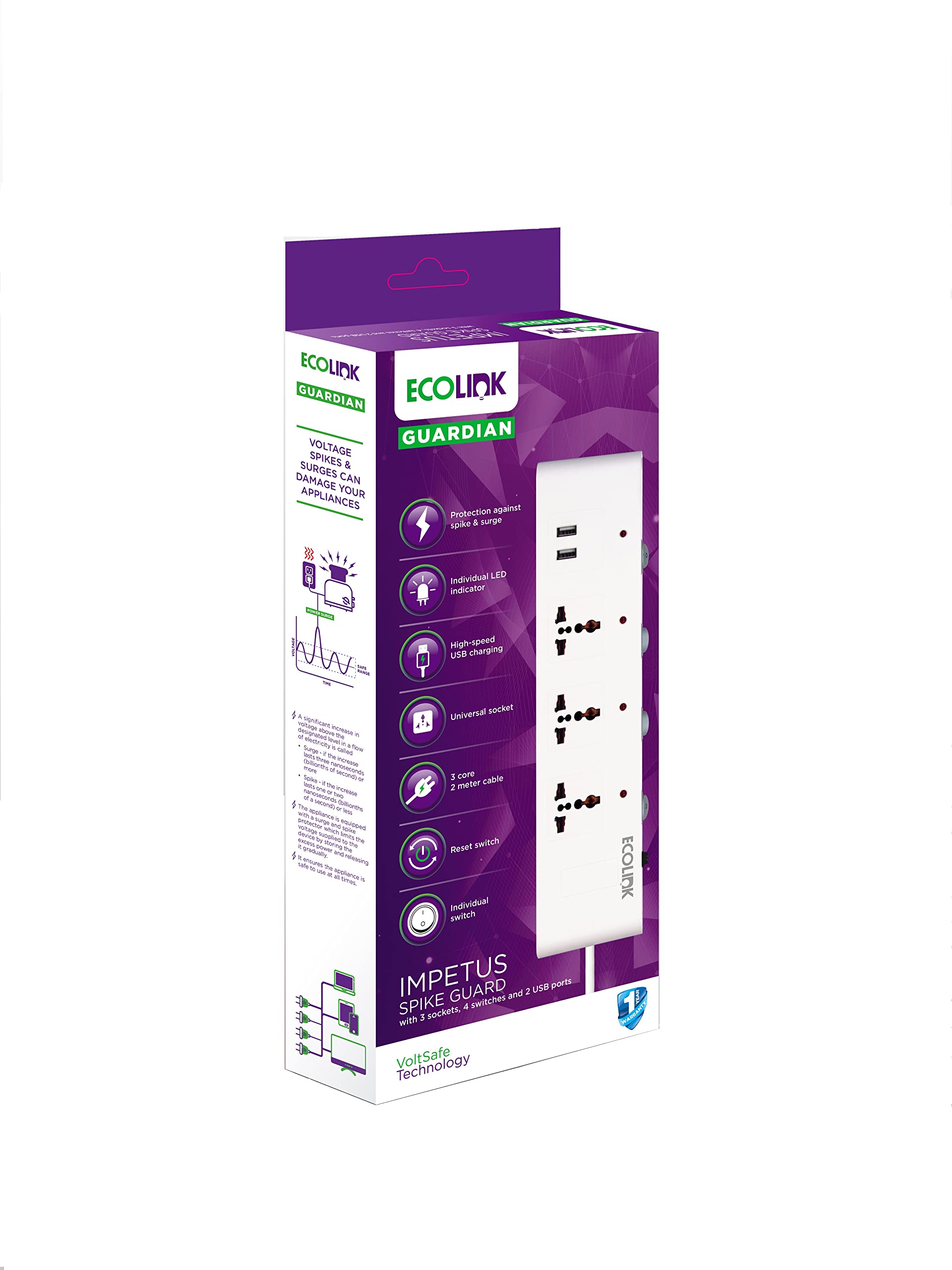 EcoLink Guardian Impetus Spike Guard 3 Socket 6A + 2 USB || Pack of 1 — Amazon image 2