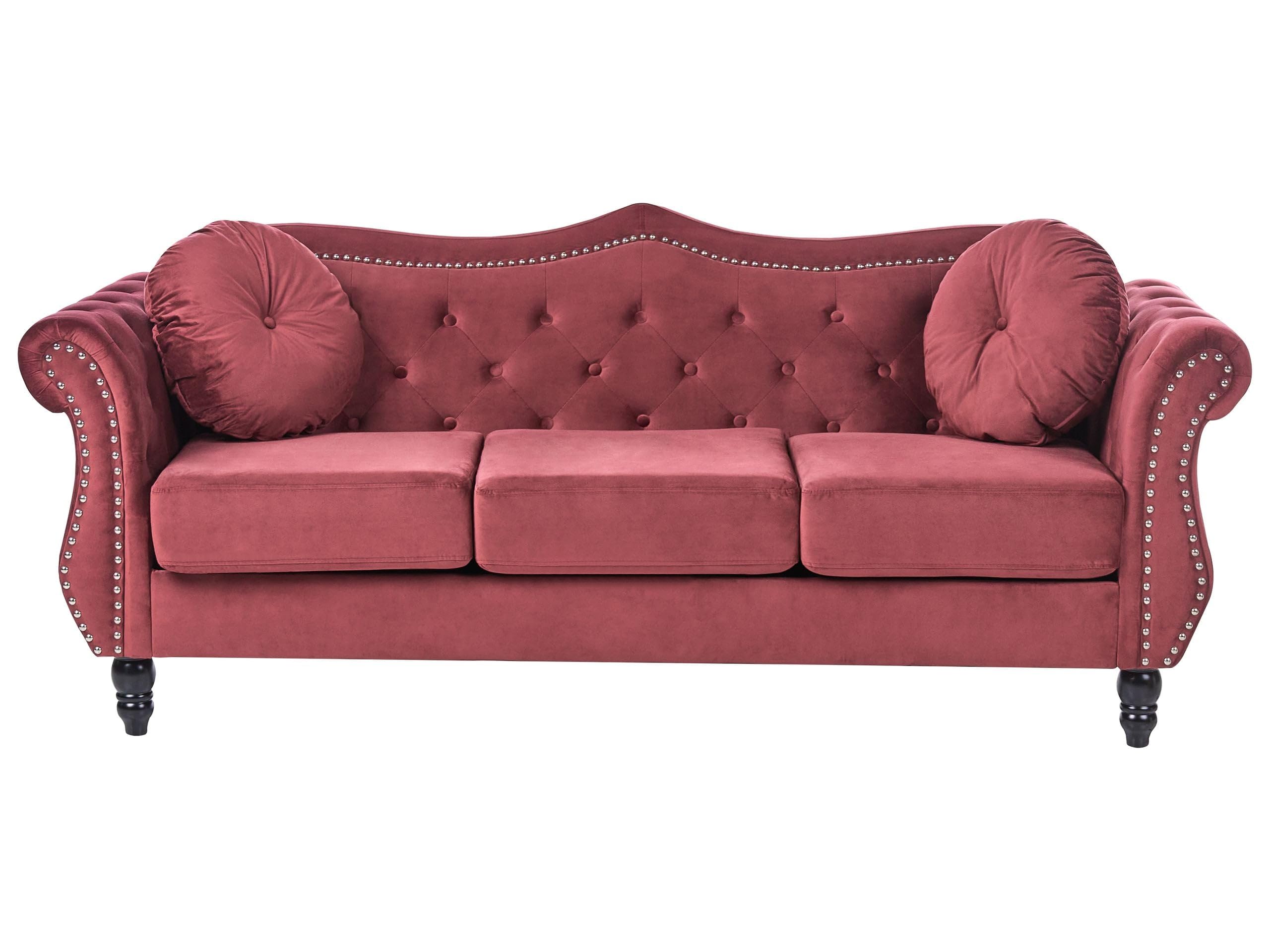 Trzyosobowa sofa welurowa pikowana ciemnoczerwona z okrągłymi poduszkami Skien