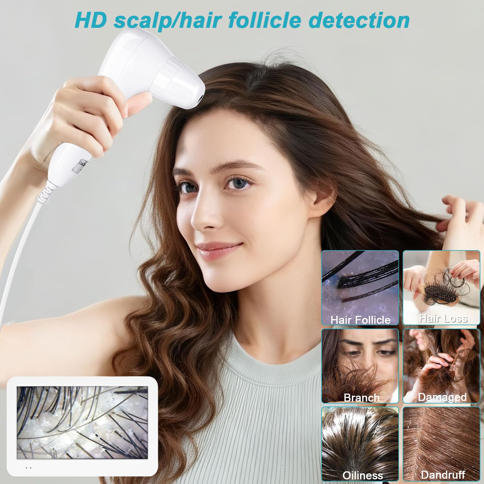 Analyseur de cheveux de peau, 30,5 cm LCD numérique pour analyse du cuir chevelu, 50 x 200 x, portable, rechargeable, huile de follicule pileux, détecteur d'humidité, testeur de pigment de peau