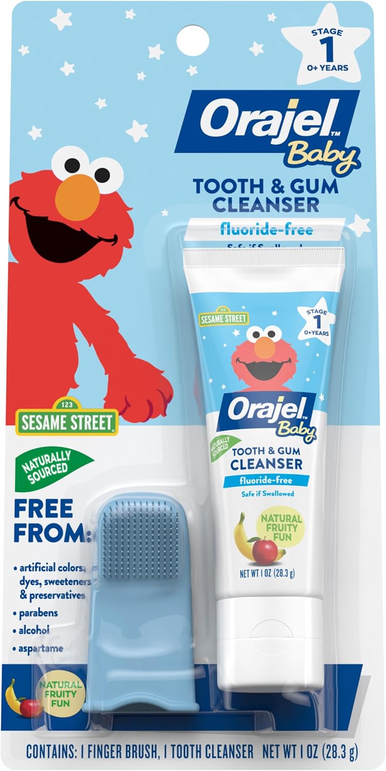 Orajel Baby Elmo Tooth & Gum Cleanser Fluoride-Free, 1 Finger brush, 1 Toothpaste 1oz; #1 Pediatrician Recommended Fluoride-Free Toothpaste*