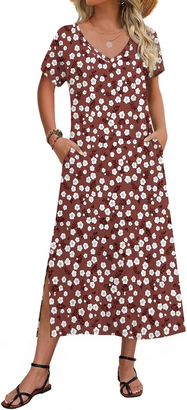 Zeagoo Women Summer Floral Dress Short Sleeve Beach Dress with Pockets Casual V-Neck Split Long T-Shirt Dress Travel Vacation