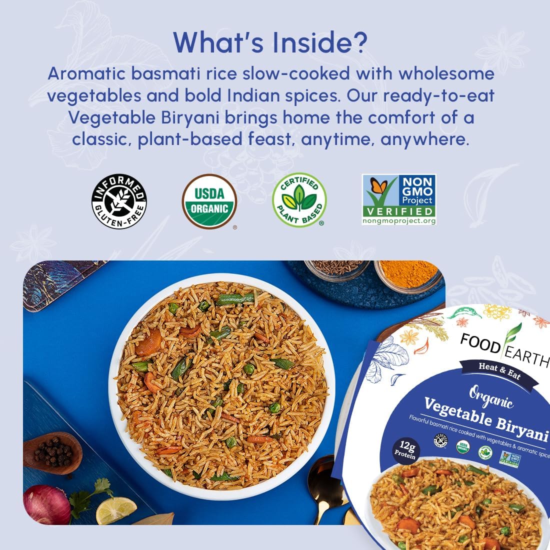 Food Earth Ready to Eat Vegetable Biryani – Organic, Vegan, Gluten-Free Indian Meal – Microwavable, Plant-Based Prepackaged Lunch – 8.81 oz Each (Pack of 6)