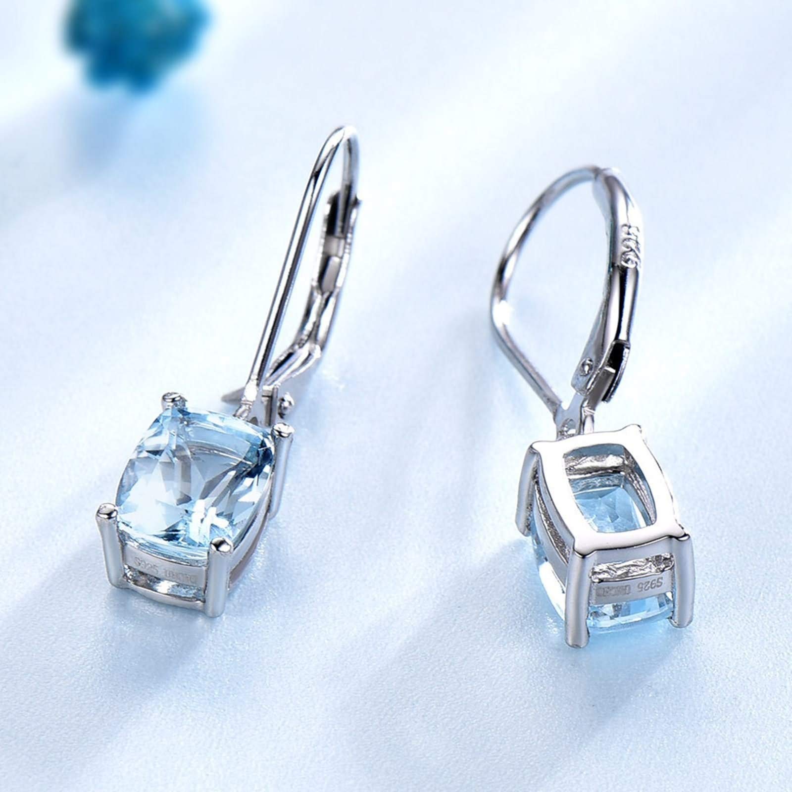 Lustige Ohrringe Damen Silber, Anhänger-Ohrringe Sterling Silber Ohrringe Rechteck Himmelblau Rechteckig Erstellt-Topaz Geschenke Für Frau