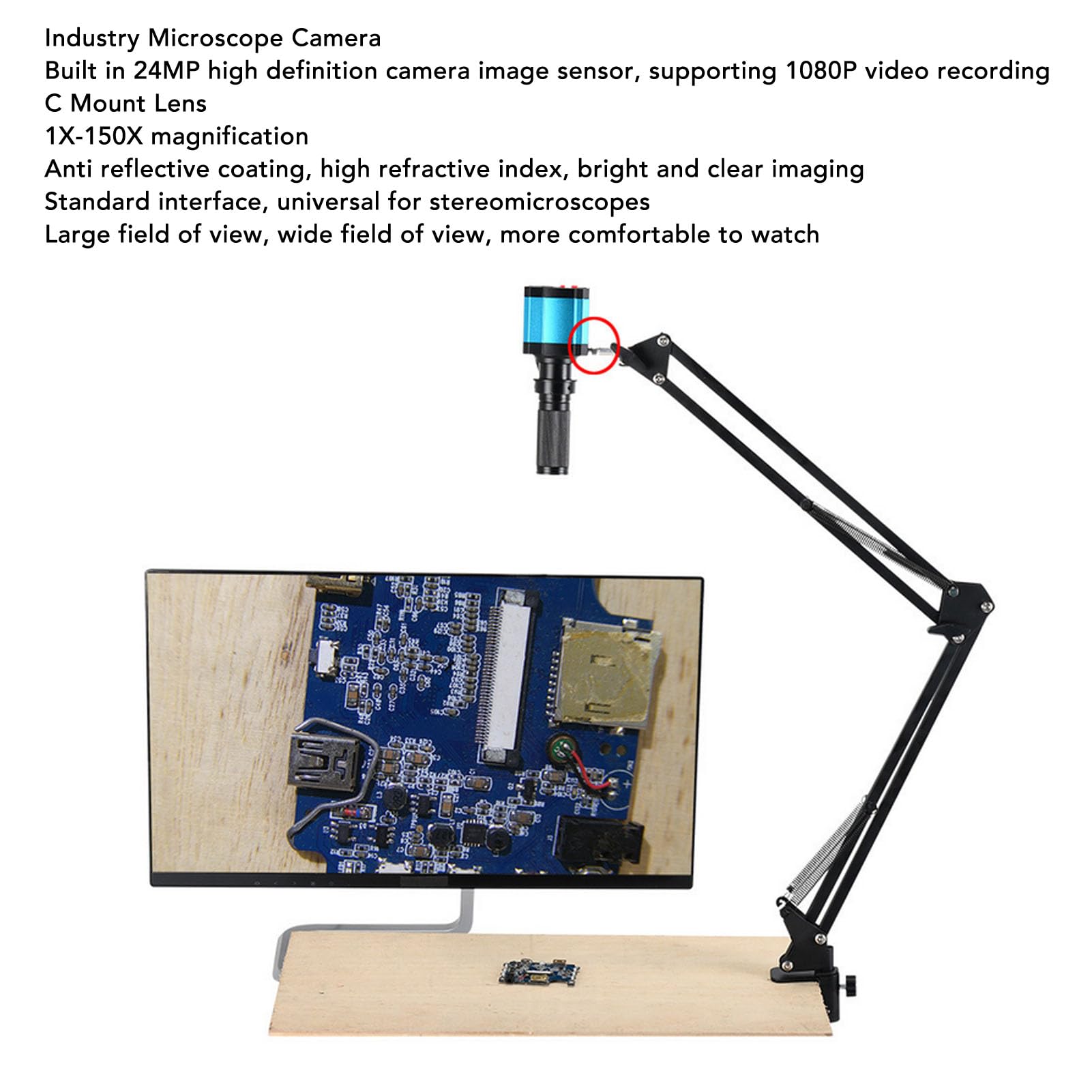 Luocute Cámara de Microscopio Digital de 24MP Microscopio USB Cámara de Microscopio HD 1080p con 150x C Lente de Montaje 56 LED de Anillo LED para la Inspección de Soldadura de (Enchufe de la UE)