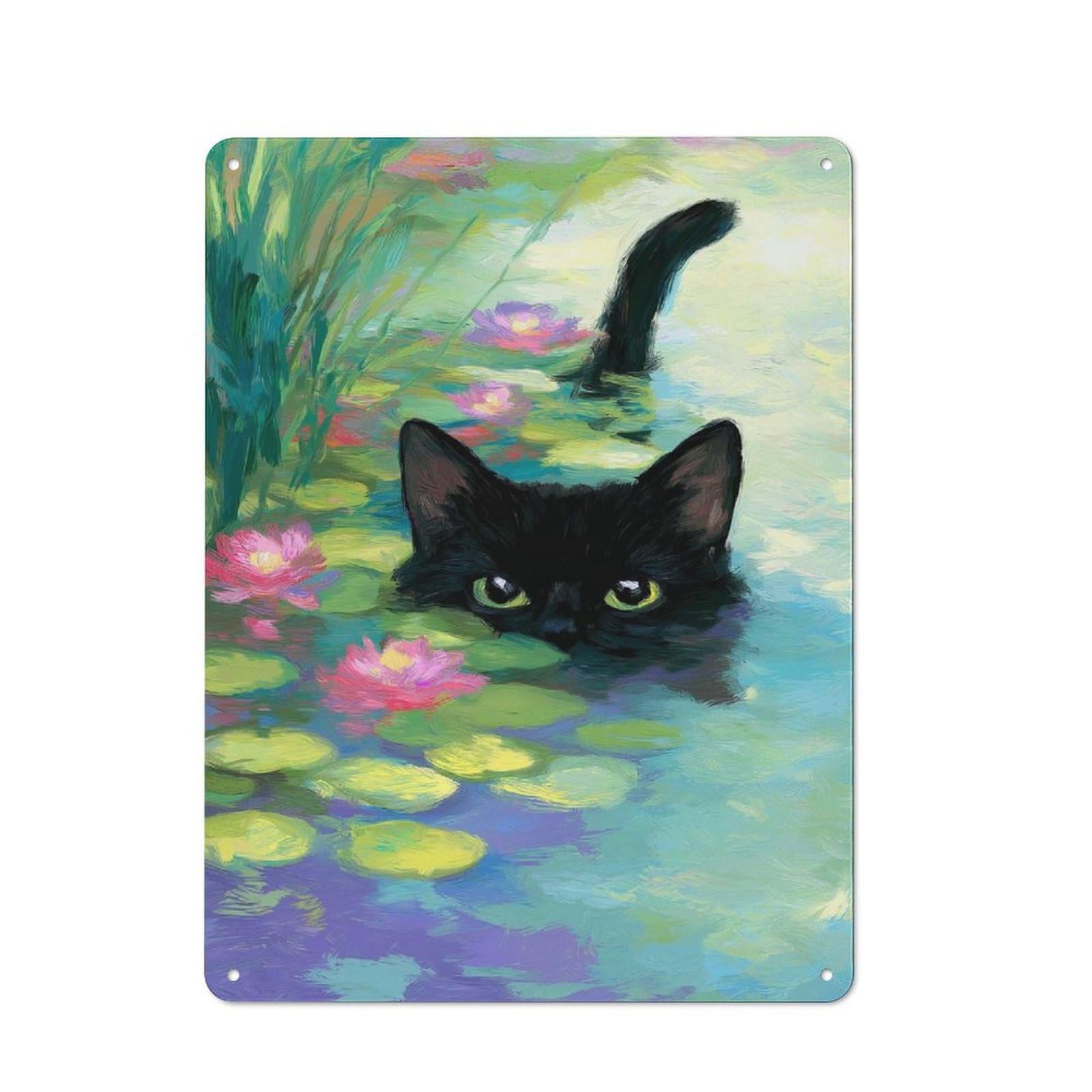 Junmoney Black Cat In Lily Pond Painting Retro Metal Plaque 40X30cm For Café Or Home Bar, With Clear Retro Wall Decor Character