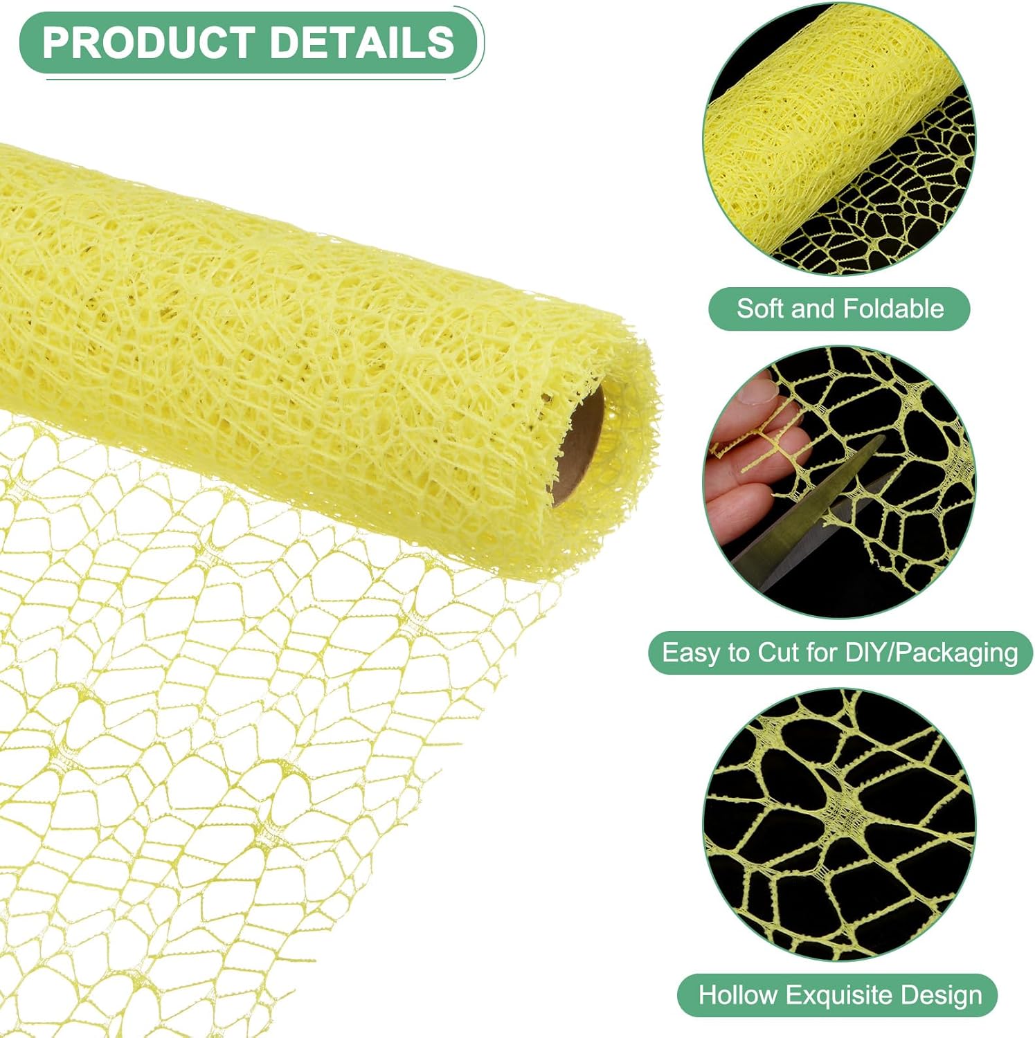 M METERXITY 1-Roll Jacquard Net Mesh Flower Wrapping Paper,180 Inch x 19.7 Inch Flower Bouquet Wrapping Paper for Packaging Fresh Flower/Wedding/Valentine's Day [Yellow]