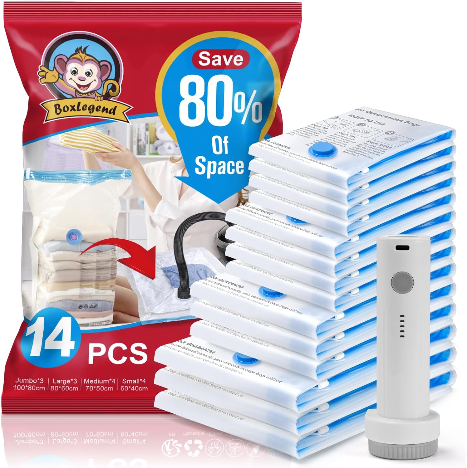 BoxLegend Vacuum Storage Bags 14 Packages – 3XL+ 3L + 4M + 4S, Travel Vacuum Storage Bags for Clothes, Blankets, Duvets, Bedding, Pillows, 1 USB Pump