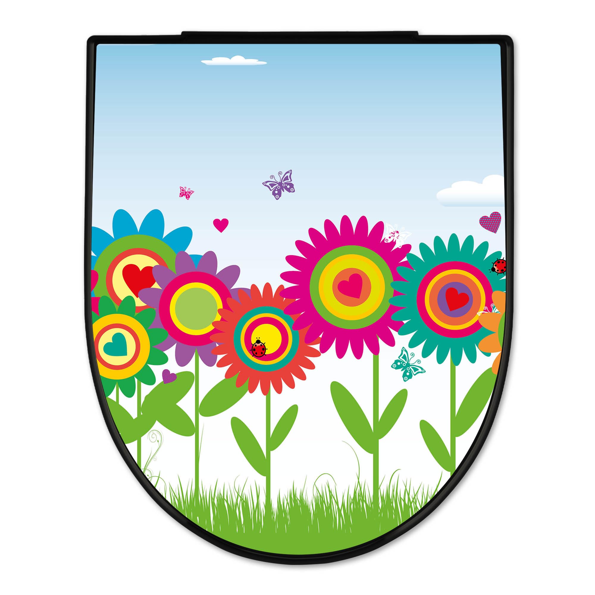 banjado WC Sitz mit Absenkautomatik D Form - Toilettendeckel mit Absenkautomatik D Form - Klodeckel Softclose - stabile Klobrille - Toilettensitz Schwarz - Motiv Bunte Blumen