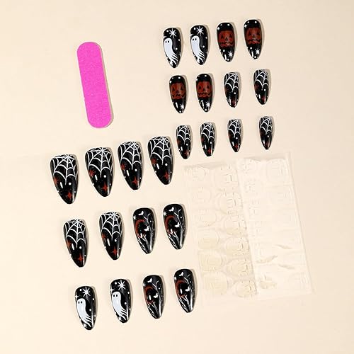 Miniatura 14 de Uñas postizas a presión de Halloween, cuadradas, medianas, francesas, color negro, degradado, cobertura completa, calavera, corazón rosa, con Uñas