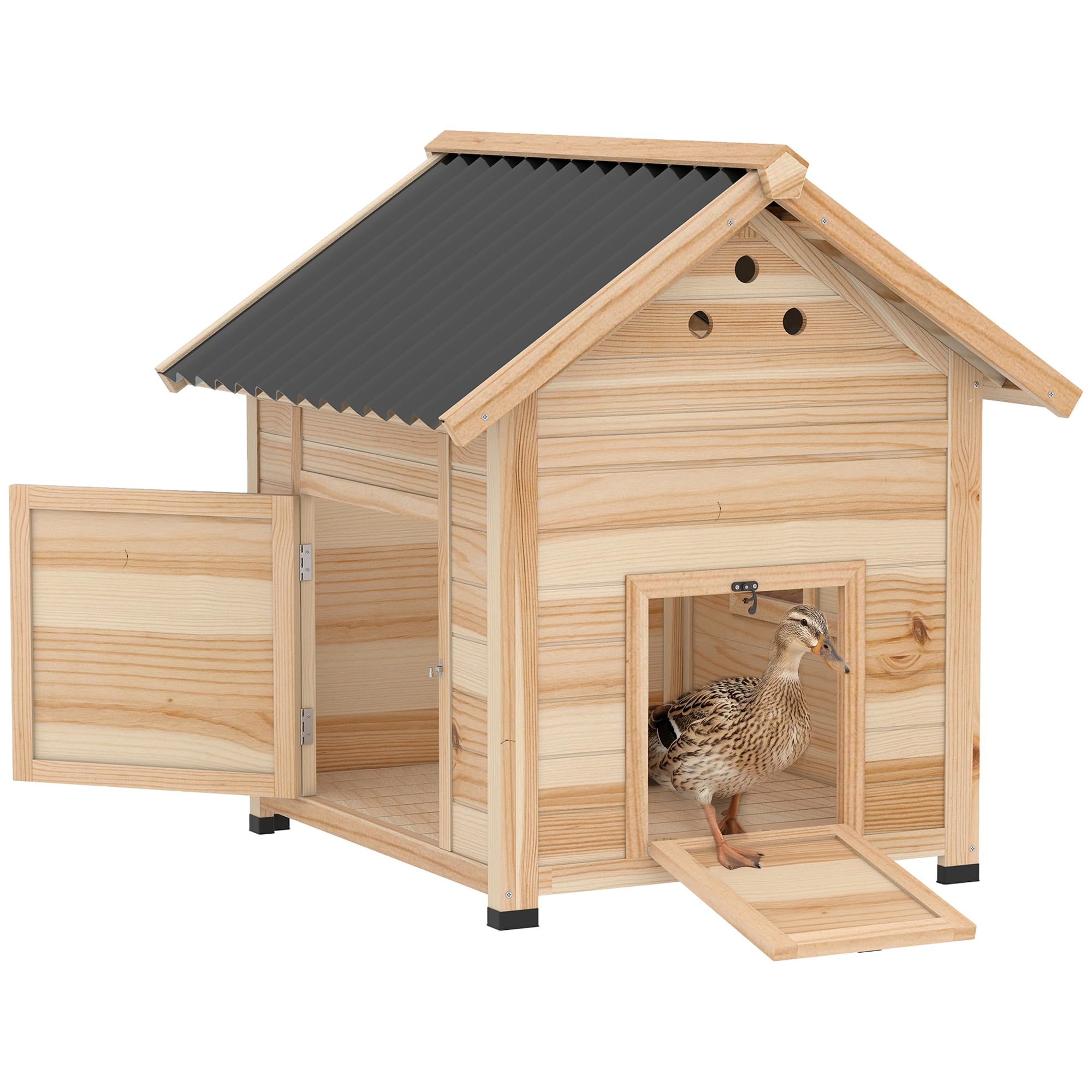 PawHut Duck Coop, Wooden Duck House, Outdoor Small Animal House with Openable Roof, Double Doors, Removable Base for 1-3 Ducks, Chickens, Rabbits, Cats, Natural Wood