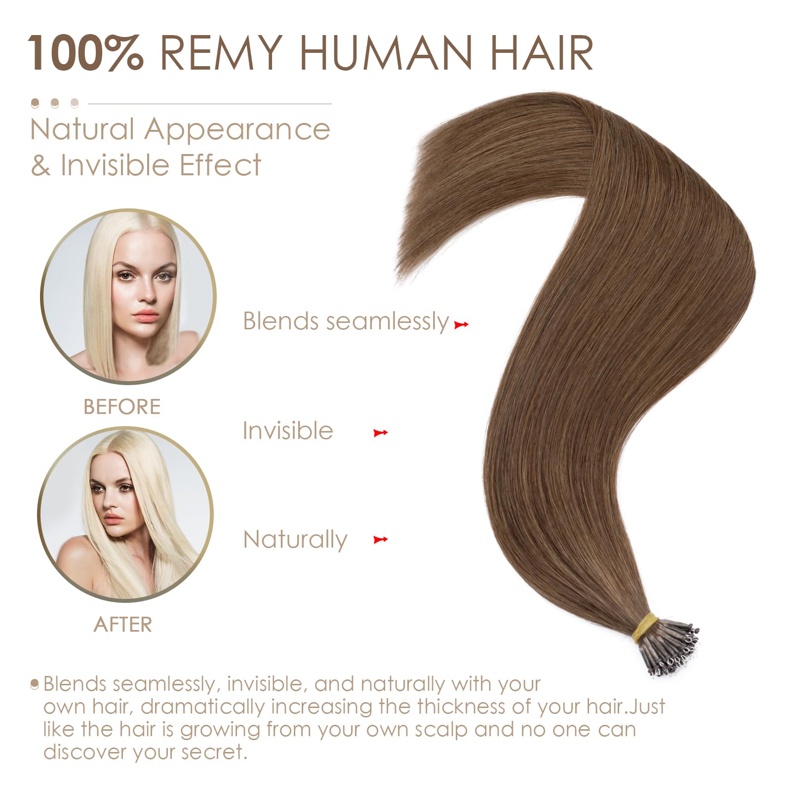 Silk-co Nano Ring Hair Extensions 18inch 1g/s Pre Bonded 50g Nano Breads Extensions Tip Bondings 100% Real Remy Human Hair #04 Medium Brown With Nano Beads Cold Fusion 50 Strands - Image 3