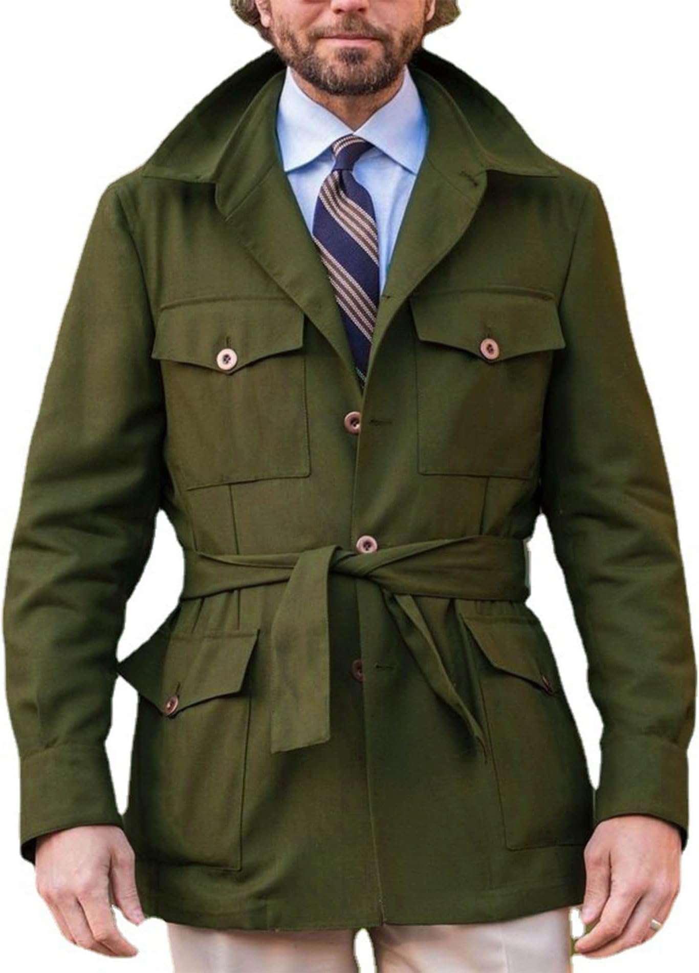 Men's Single Breasted Belted Trench Coat Lapel Safari Military Jacket Casual Slim Fit Lightweight Windbreaker
