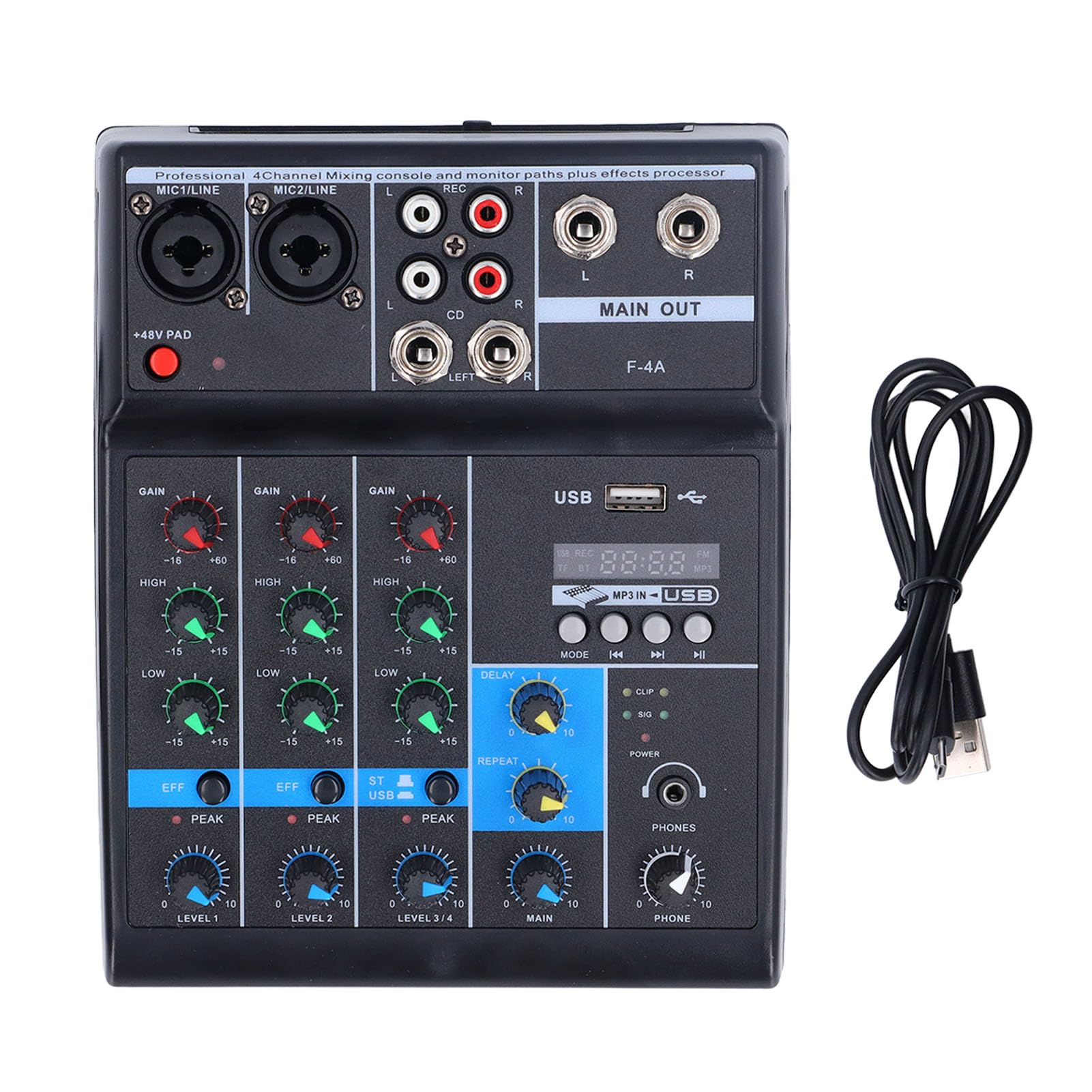 Mixer Audio Professionale con Scheda di Missaggio Audio, USB MP3 a 4 Canali, Alimentazione Phantom 48 V Stereo DJ Studio Streaming FX Processore DSP a 16 Bit