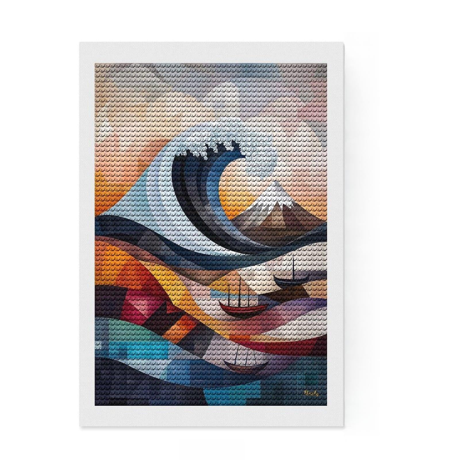 Junmoney Modern Cubist Vision of The Great Wave of Kanagawa Diamond Painting Set 8"x12", Fun Craft Experience, Sparkling Round Gems, Office Decor, for Adults, Adhesive Canvas