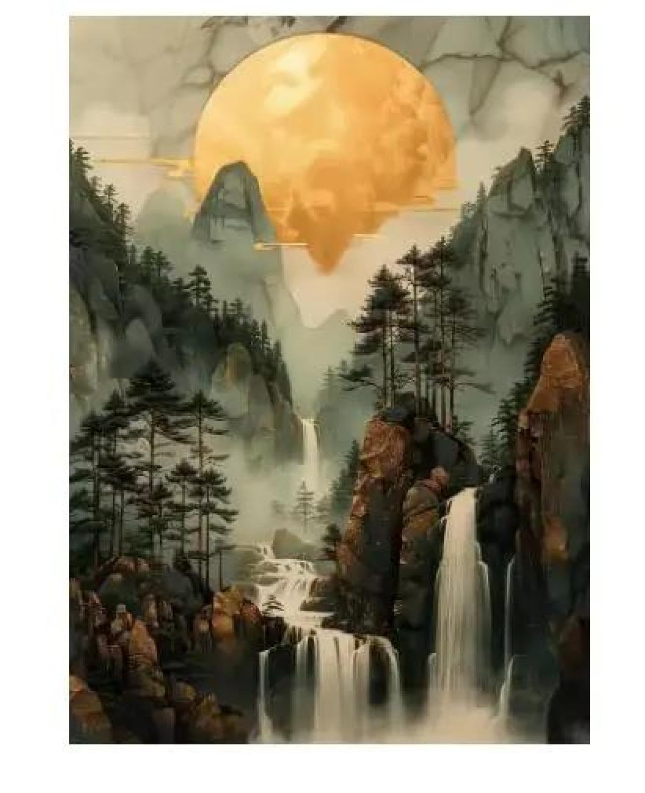 Baibexing Golden Moon Pine Tree Waterfall Nature Mountain Forest Poster Print Canvas Painting Wall Art Picture Living Room Home Decor A4 21X30Cm Unframed